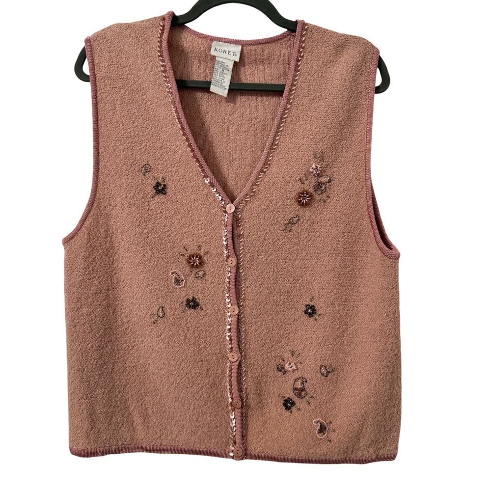 Koret Womens Wool Blend Vest Medium Pink Beaded Floral Cottagecore Grandmacore‎